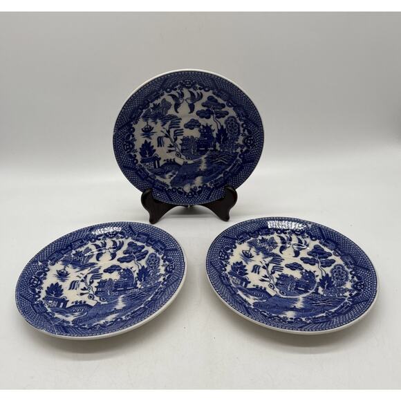 3 Vintage Bone China Japan Blue Willow 6”Plate Saucers Blue White Crazing - Picture 1 of 5